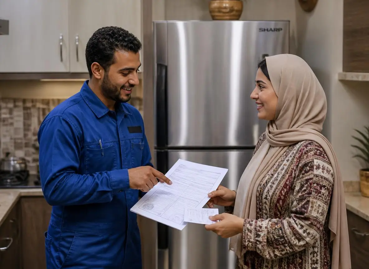 فني صيانة شارب يقدم فاتورة شفافة وورقة ضمان رسمية لعميلة بعد إصلاح ثلاجة شارب في مطبخ منزلي