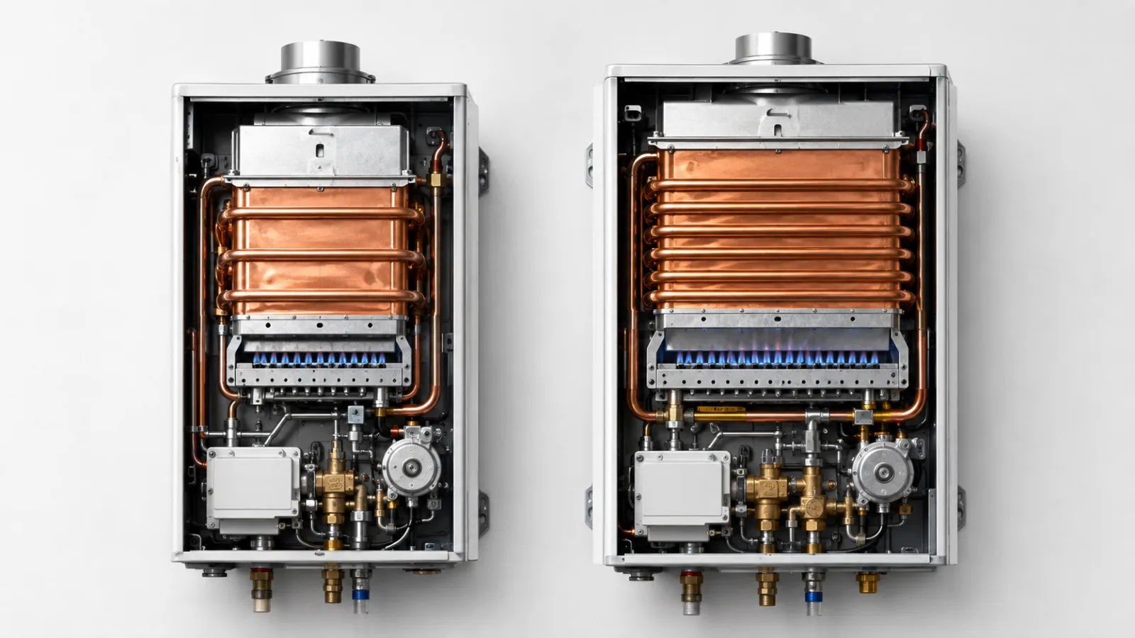 صورة مقارنة توضيحية بين سخان س8 وسخان س10، مع إبراز اختلاف السعة وتصميم السخان وتوصيلات المياه.